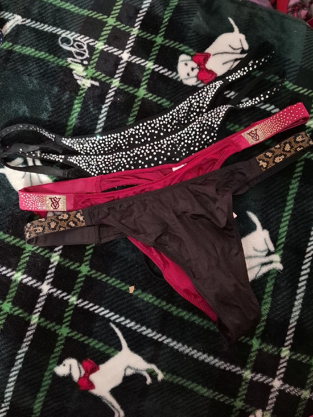 Victoria's Secret Black and Burgundy Rhinestone Set